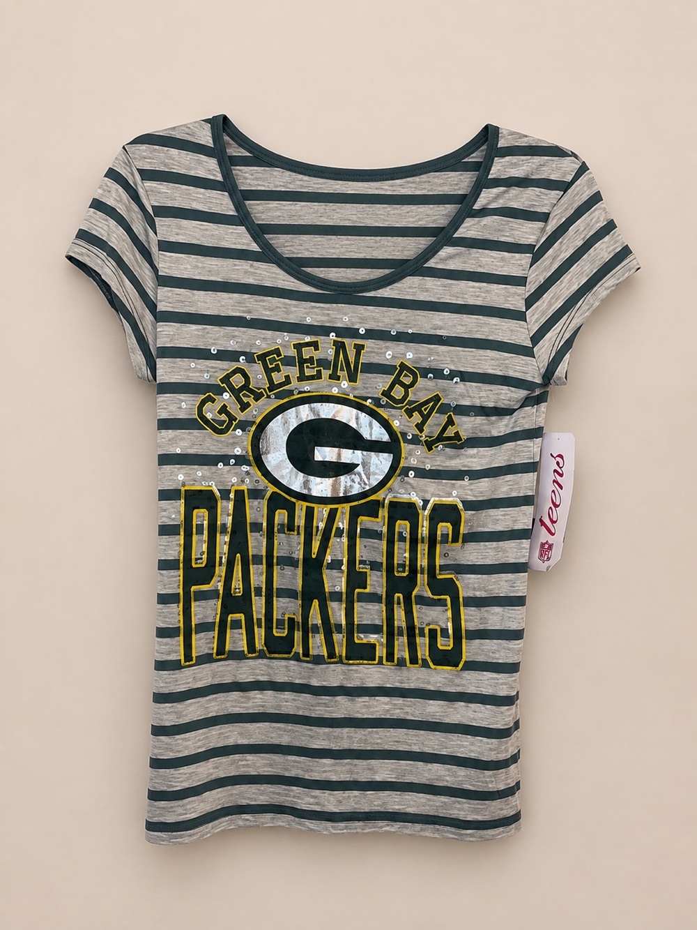 NWT Green Bay Packers NFL Women’s Striped Sequin Graphic Tee Small